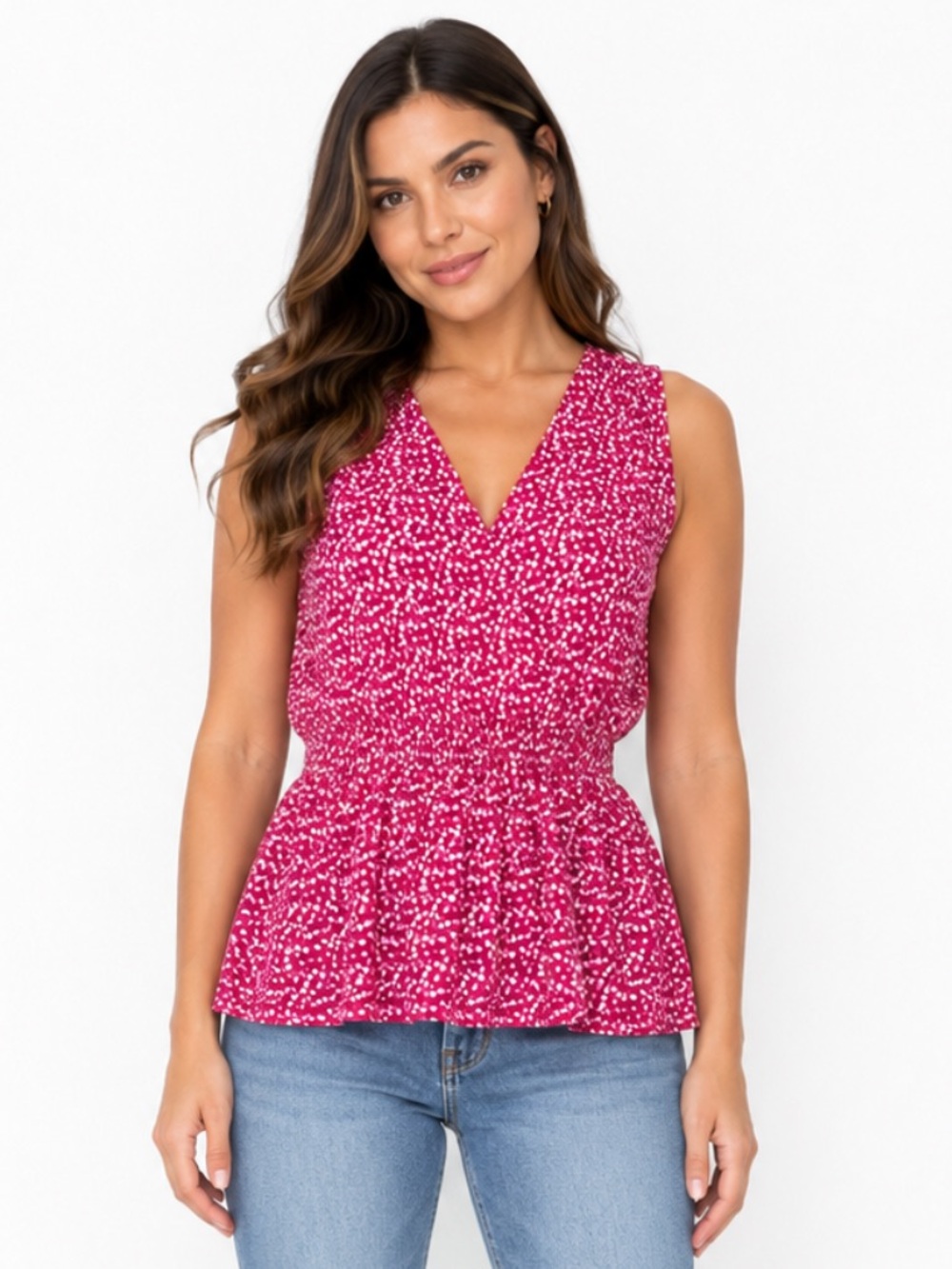 Gilli Hot Pink and White Sleeveless V-Neck Peplum Blouse - Size Large